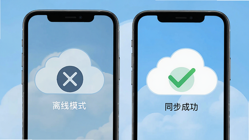 两个手机屏幕并排展示,一个显示“离线模式”图标,另一个显示“同步成功”对勾,背景是简单的云朵图案,象征云端同步,界面元素简洁,色彩搭配和谐,现代科技感,清晰锐利