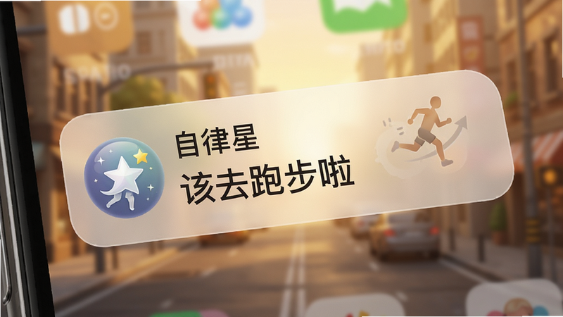手机通知栏的特写插画,显示一条来自“自律星”的通知,文案为“该去跑步啦”,背景是模糊的城市街道,色调温暖,聚焦于通知气泡,细节丰富,真实感强,4k分辨率