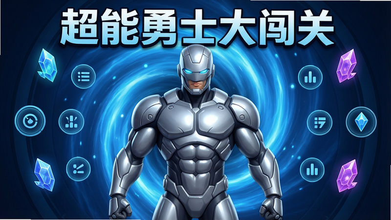 主体为游戏主界面,中央展示一名身穿银色纳米装甲的超能勇士角色,背景是充满科技感的蓝色能量漩涡,四周环绕着漂浮的UI按钮和能量水晶,布局对称平衡,排版整洁,风格为科幻写实与卡通渲染结合,细节丰富,展示角色肌肉线条和装甲光泽,画质4k,干净无多余元素,文字