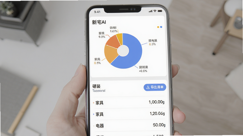 “新宅AI”预算估算页面的手机界面图,主体是一个饼状图显示各项费用占比,下方是详细的列表项,包含“硬装”、“家具”、“电器”等分类,右侧有“导出清单”按钮,布局条理清晰,排版使用卡片式分隔,风格为商务简约风,细节处字体清晰易读,画质高,干净,无多余元素