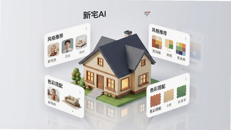 一张展示“新宅AI”应用主界面的高清手机屏幕渲染图,主体为中间巨大的3D房屋模型,周围环绕着多个悬浮的UI卡片,显示着“风格推荐”、“色彩搭配”等标签,背景为柔和的浅灰色渐变,布局清晰有序,排版符合移动端UI设计规范,风格为现代科技感与温馨家居风结合,细节处可见细腻的光影反射,画质4k,干净,无多余元素