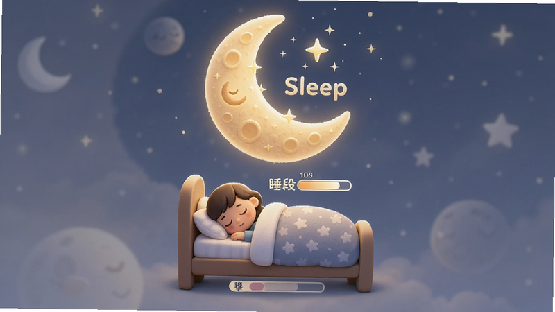 主体为月亮与睡觉人物图标,布局上下结构,上方为月亮,下方为床铺,排版对称,风格温馨柔和,细节包含睡眠阶段进度条,画质细腻,干净,无多余元素,文字