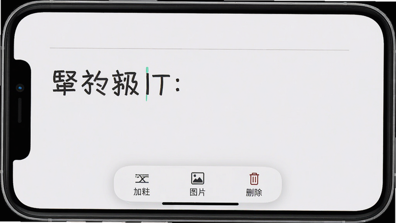手机界面示意图,展示极简日记APP的编辑页面,背景为浅灰色,顶部有一个细线条分隔,中间是大号字体的正文输入区,底部固定一个半透明的工具栏,包含