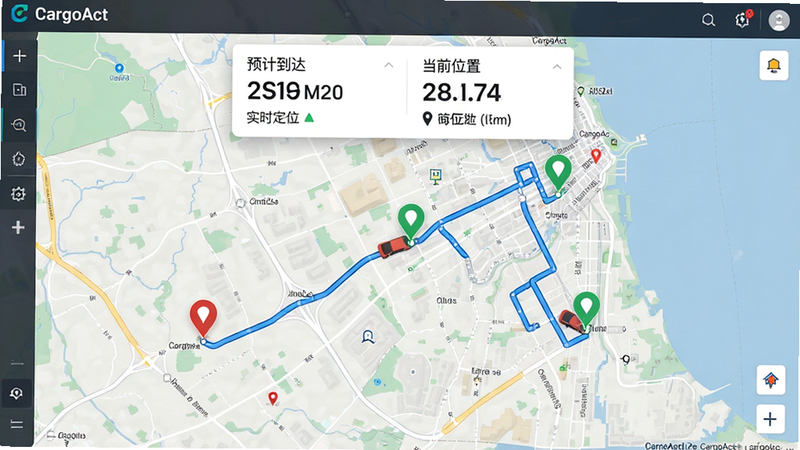 主体为CargoAct地图追踪功能界面,布局为全屏地图视图,上方悬浮状态卡片,排版紧凑,风格写实科技,细节显示蓝色路线轨迹、红色车辆图标、绿色到达点、卡片内包含