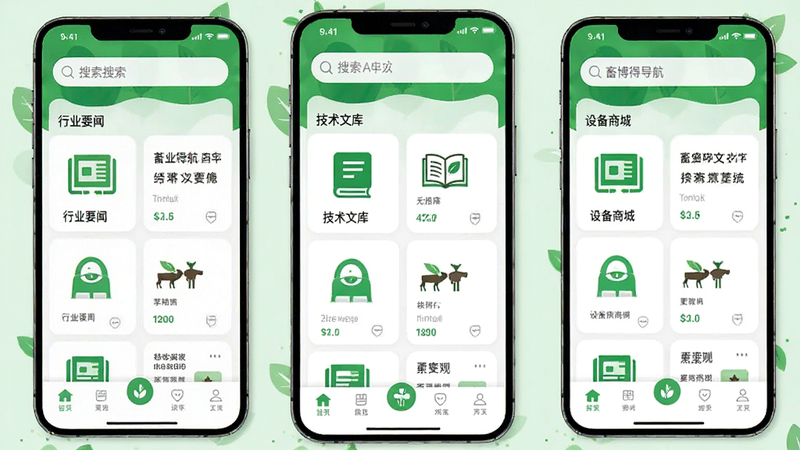 主体为畜博导航APP首页界面,布局采用卡片式网格设计,顶部显示搜索栏,中间展示“行业要闻”、“技术文库”、“设备商城”等分类图标,底部为导航栏,风格为现代简约扁平化,细节处体现绿色生态元素,画质高清,干净,无多余元素