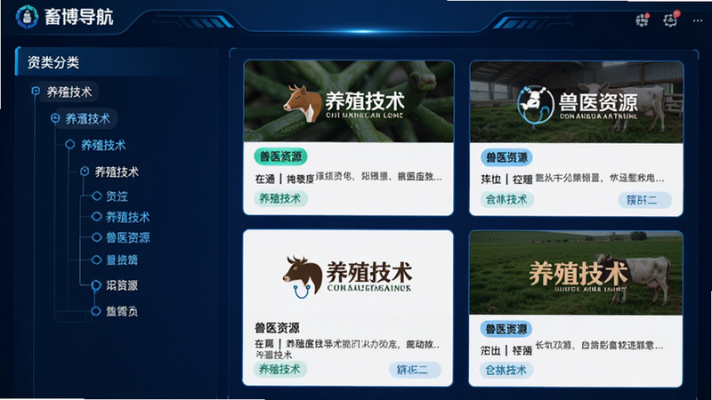 主体为畜博导航的资源分类页面,布局为左侧分类树状图,右侧展示具体网站卡片,卡片上带有网站Logo与简介,风格为科技感蓝色调,细节清晰展示“养殖技术”、“兽医资源”标签,画质高清,干净,无多余元素