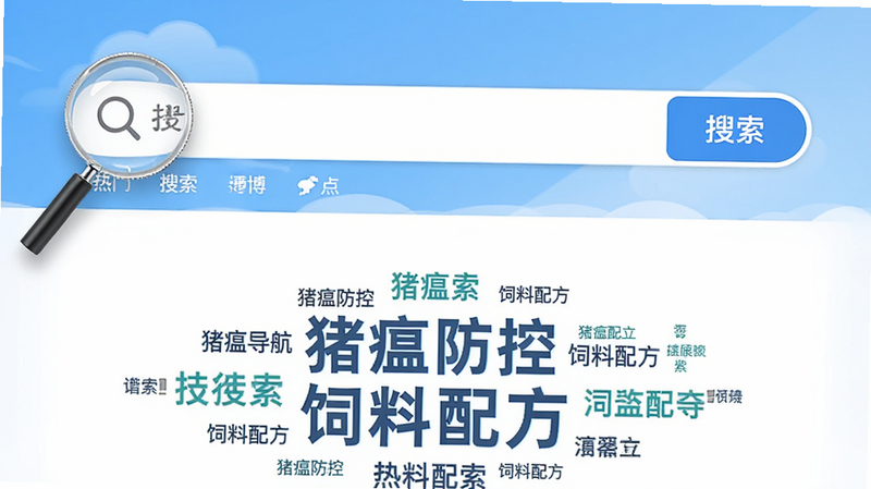 主体为畜博导航的搜索界面,布局为全屏搜索框,下方显示热门搜索词云,如“猪瘟防控”、“饲料配方”,风格为明亮清爽,细节展示放大镜图标与搜索按钮,画质高清,干净,无多余元素