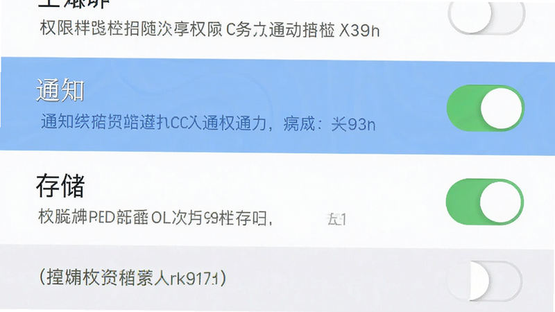 主体为手机设置权限界面,布局为列表形式,高亮显示“通知”、“存储”权限开关,风格为系统原生UI,细节展示权限说明文字,画质高清,干净,无多余元素