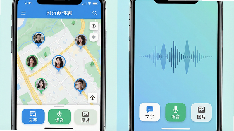 生成一张展示应用核心功能界面的合成图,左侧显示地图定位界面,标注多个用户头像位置;右侧显示语音通话界面,带有声波动画;底部排列“文字”、“语音”、“图片”三个功能按钮,整体色调清新明亮,UI风格统一,细节丰富,高清渲染,干净无杂点,文字“附近两性聊”在顶部导航栏清晰显示