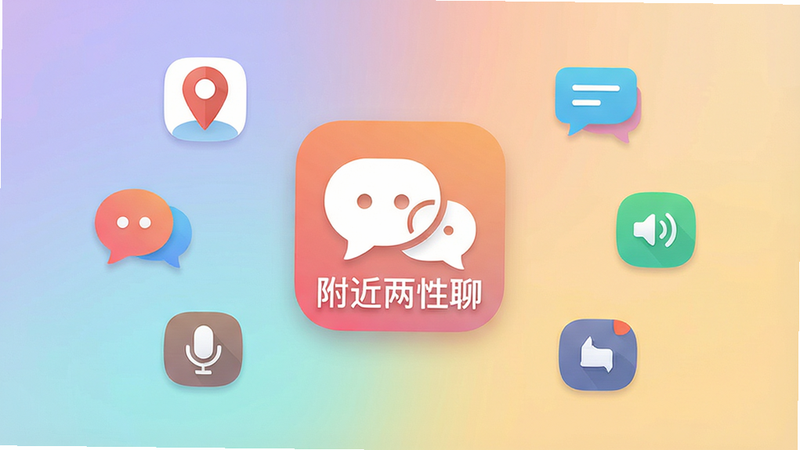 生成一张高质量的应用图标展示图,主体为“附近两性聊”APP的启动画面,背景采用柔和的渐变色,中央是清晰的应用Logo,周围环绕着代表附近位置、聊天气泡、语音通话等社交元素的扁平化图标,布局居中对称,风格现代简约,细节精致,高清无噪点,干净无多余元素,文字“附近两性聊”清晰可见