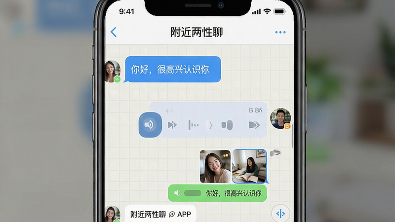 生成一张展示“附近两性聊”APP聊天界面的模拟图,左侧为用户A发送的消息气泡,右侧为用户B的回复,中间穿插语音条和图片缩略图,背景为浅色网格,布局清晰,风格扁平,细节精致,高清无噪点,干净无多余元素,文字“你好,很高兴认识你”清晰可见