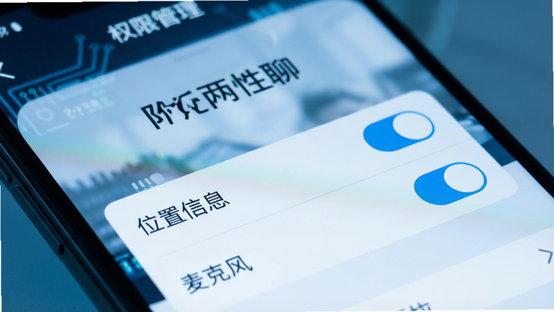 生成一张手机屏幕特写图,显示“附近两性聊”的权限设置页面,突出“位置信息”和“麦克风”权限开关,背景模糊处理,焦点清晰,色调偏冷,科技感强,细节丰富,高清画质,干净无多余元素,文字“权限管理”清晰可见