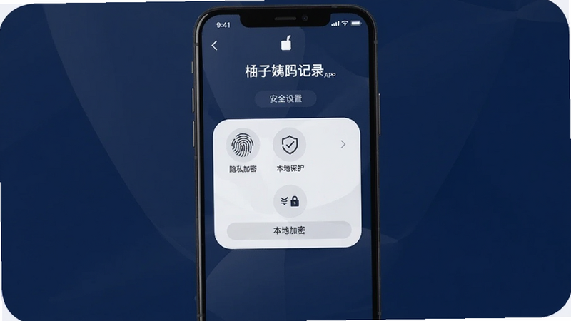 柚子姨妈记录APP的安全设置界面,主体为手机锁屏或权限设置页,布局对称,包含指纹图标、盾牌保护图标,风格稳重可靠,细节显示