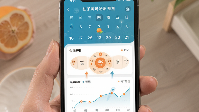 展示柚子姨妈记录APP的周期预测界面,主体为手机屏幕,布局清晰,顶部显示预测日历,中间有排卵日高亮标记,底部有趋势图,风格科技感与温馨结合,细节包含数据图表、箭头指引,画质清晰,干净,文字标注