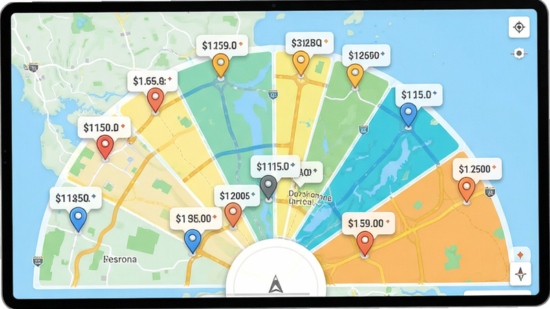主体为地图界面,显示多个标记点代表不同市场,布局呈扇形分布,排版直观,风格为明亮地图配色,细节包含每个标记点旁悬浮的价格标签,画质精致,干净,无多余元素
