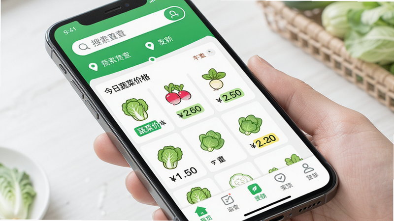 主体为手机界面展示菜查查APP首页,布局清晰,顶部显示搜索栏与定位信息,中部展示今日蔬菜价格列表,包含白菜、萝卜等图标,底部为导航栏,风格为清新绿色系,细节包含价格数字高亮显示,画质高清,干净,无多余元素