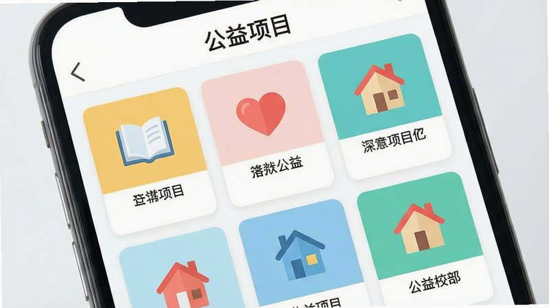 手机界面展示多个公益项目卡片,布局为网格状,排版美观,风格扁平化设计,细节包含书本、爱心、房屋等图标,画质明亮,干净,无多余元素,文字
