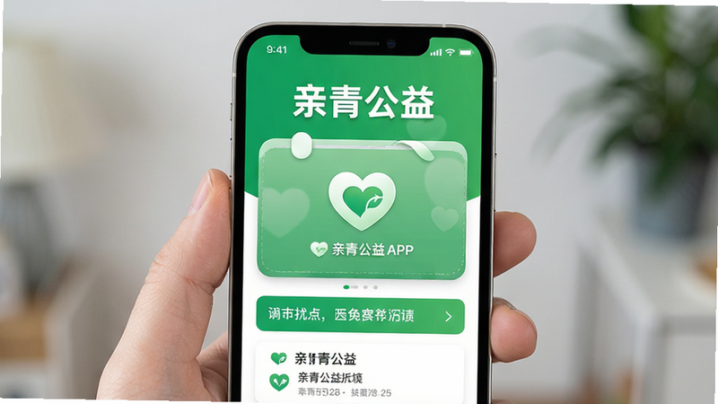 主体为亲青公益APP的手机界面截图,布局居中,排版清晰,风格清新简约,细节包含绿色主色调和爱心图标,画质高清,干净,无多余元素,文字