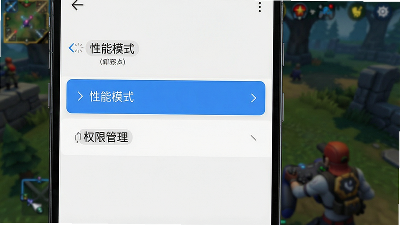 手机屏幕截图,显示应用设置界面,突出显示“性能模式”与“权限管理”选项,背景为模糊的游戏场景,界面清晰,文字可读,风格现代简洁,无干扰元素