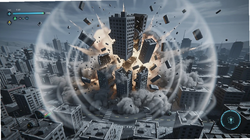 展示游戏内物理破坏效果的截图,画面中心是一座城市在爆炸中解体,碎片飞溅,尘土飞扬,周围有冲击波扩散的视觉效果,色调偏冷,突出科技感与破坏力,构图居中,细节丰富,高清渲染