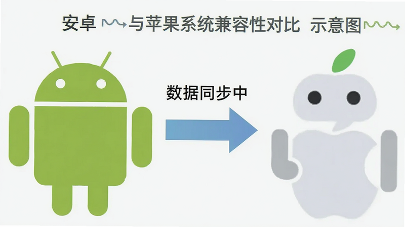 安卓与苹果系统兼容性对比示意图,左侧安卓机器人,右侧苹果机器人,中间箭头连接,文字标注“数据同步中”,背景浅色,风格简洁,无多余图案