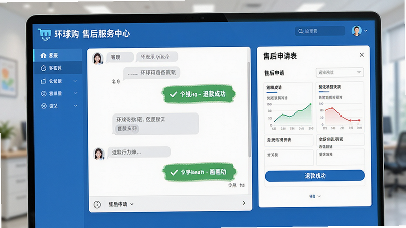 展示“环球购”售后服务中心界面,主体为客服对话窗口与售后申请表单,布局整洁,风格亲切专业,细节包含“退款成功”提示框,画质高清,干净,无多余元素