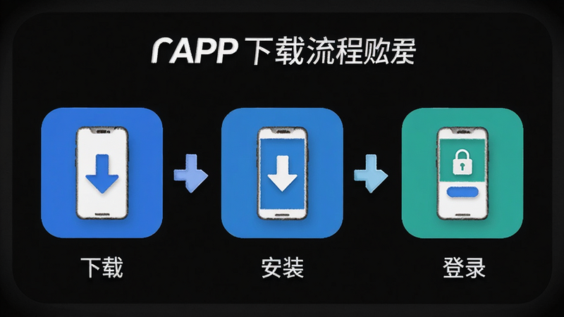 展示“环球购”APP下载流程示意图,主体为三步流程图标:下载、安装、登录,布局横向排列,风格简洁明了,细节包含向下箭头与手机图标,画质高清,干净,无多余元素