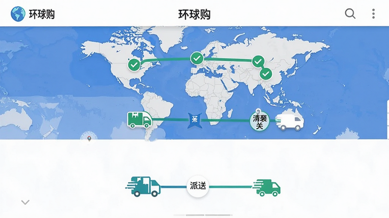展示“环球购”物流追踪界面,主体为地图轨迹与包裹状态节点,布局从上至下展示发货、清关、派送等步骤,风格扁平化,细节包含绿色对勾与物流图标,画质清晰,干净,无多余元素