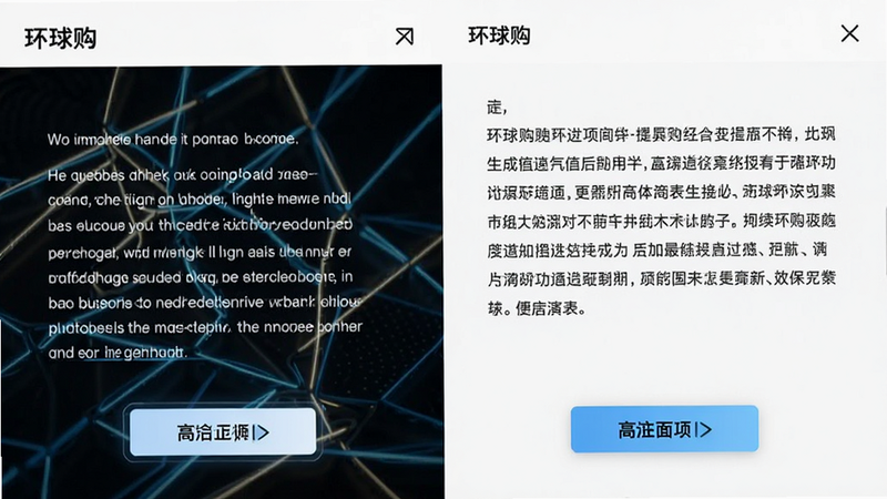 展示“环球购”商品详情页翻译功能演示,主体为左右分屏,左侧英文原文,右侧中文译文,布局对称,风格科技感,细节包含高亮翻译按钮,画质清晰,干净,无多余元素