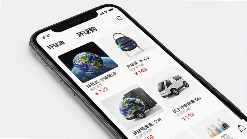 主体为“环球购”APP手机界面截图,布局清晰展示首页推荐商品列表,排版整齐,风格现代简约,细节包含高清商品缩略图与价格标签,画质高清,干净,无多余元素,文字“环球购”清晰可见