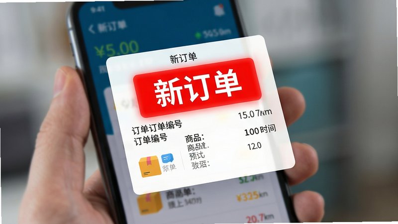 画面展示手机屏幕上的“新订单”弹窗特效,红色醒目高亮显示“新订单”字样,下方列出订单编号、商品清单和预计送达时间。背景虚化处理,突出前景的订单卡片,采用扁平化设计风格,色彩对比强烈,视觉焦点集中,体现速度与效率,画质清晰,无水印。