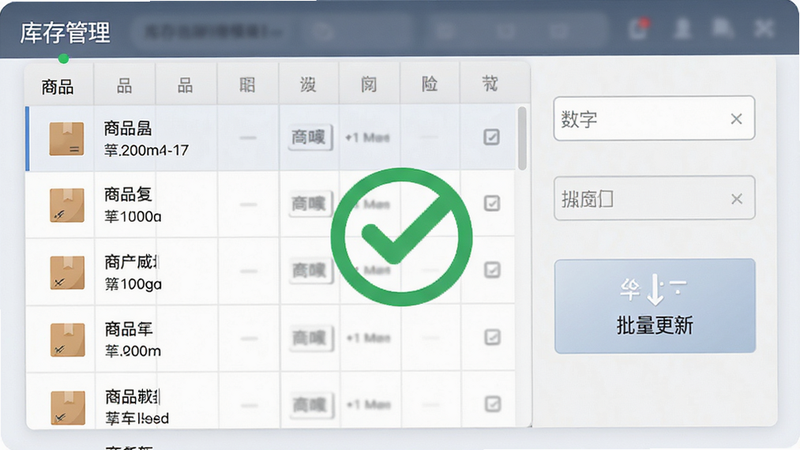 屏幕界面展示“库存管理”模块,左侧为商品列表,右侧为数字输入框和“批量更新”按钮。背景为淡灰色网格,象征数据表格,中间有一个绿色的对勾图标表示同步成功。风格简洁商务,强调数据准确性与操作便捷性,细节精致,无多余装饰。
