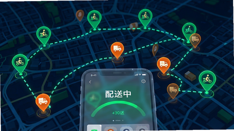 画面展示城市地图背景,上面分布着多个绿色的骑手定位点和橙色的商家图标,中间用虚线连接表示配送路径。前景为半透明的手机界面,显示“配送中”状态。整体风格为科技感十足的物流可视化界面,色彩鲜明,线条简洁,体现高效配送网络,画质高清,无杂乱背景。