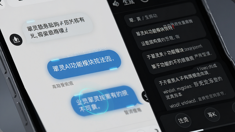翠灵AI功能模块特写,主体为手机屏幕局部,布局左侧展示对话框,右侧展示生成的结构化文本,排版整齐,风格科技感,细节突出文字高亮与图标微动效,画质4k,干净