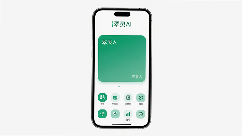 翠灵AI App界面全景展示,主体为手机屏幕,布局居中,显示极简的白色背景与翠绿色主色调UI,顶部有“翠灵AI”Logo,中间是大号文本输入框,下方是功能图标,风格现代简约,细节清晰,画质高清,干净无多余元素