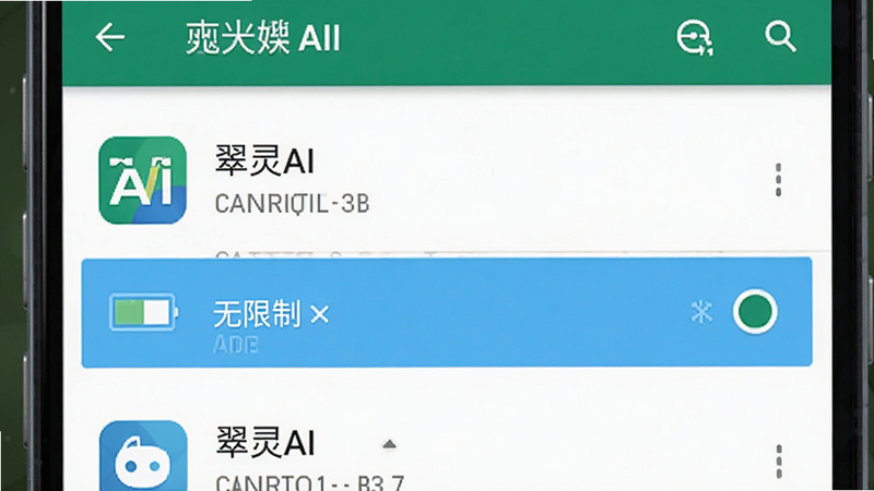 手机后台应用管理界面示意图,主体为安卓系统设置页面,布局清晰,显示“翠灵AI”应用条目,高亮显示“无限制”电池选项,风格扁平化,细节真实,画质清晰,干净
