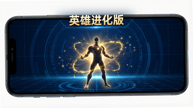 主体为一部竖屏智能手机,屏幕中显示“英雄进化版”游戏界面,背景为深蓝色科技感网格,中央有一个发光的英雄剪影正在进化,周围环绕着金色粒子特效,布局居中对称,排版简洁大气,风格为3D渲染写实风,细节丰富,光影逼真,画质高清,干净无多余元素,文字“英雄进化版”清晰可见