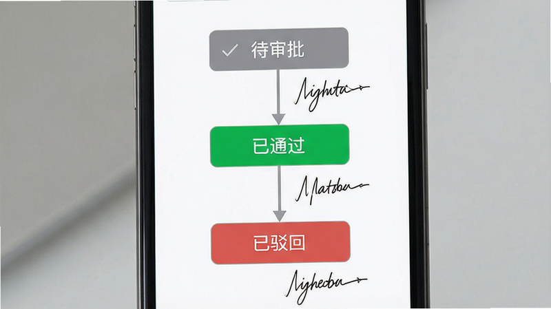 手机界面展示审批流程页面,主体为流程节点图,布局垂直排列,显示“待审批”、“已通过”、“已驳回”状态,风格商务简约,灰色与绿色状态标识,细节处有电子签名笔迹,高清,无杂乱元素,文字清晰