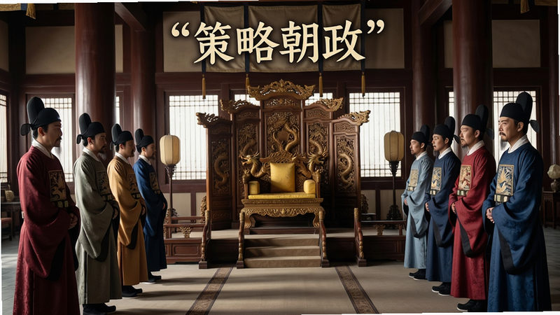主体为朝政大厅场景,布局展示中央龙椅与两侧文武百官站立姿态,排版对称庄重,风格为写实国风,细节表现官员服饰与神态,高清画质,无多余装饰,文字