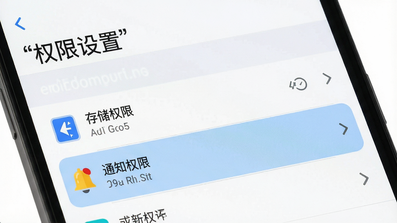 主体为手机设置界面截图,布局展示应用权限管理列表,排版清晰,风格为扁平化UI设计,细节高亮“存储权限”与“通知权限”选项,高清画质,简洁明了,文字
