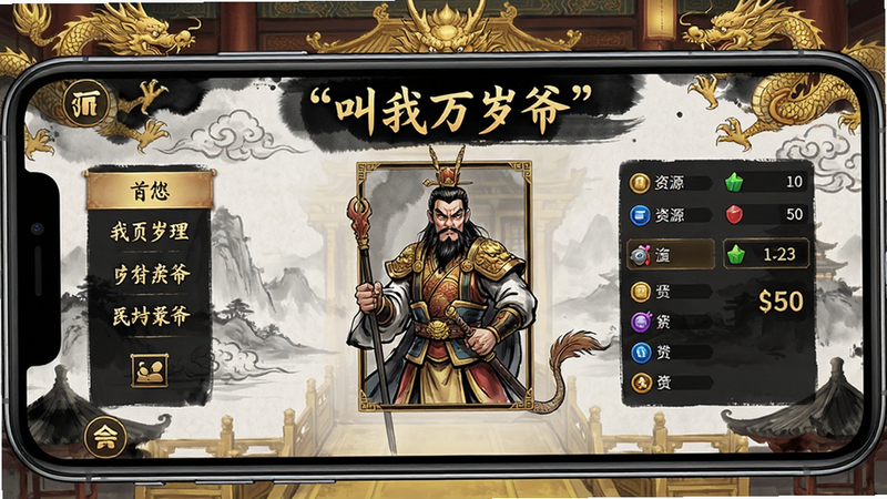 主体为手机屏幕中央显示的《叫我万岁爷》游戏主界面,背景为金色龙纹宫廷风格,布局清晰展示左侧菜单、中间角色立绘、右侧资源栏,排版工整,国风水墨画风,细节丰富,高清画质,干净无多余元素,文字