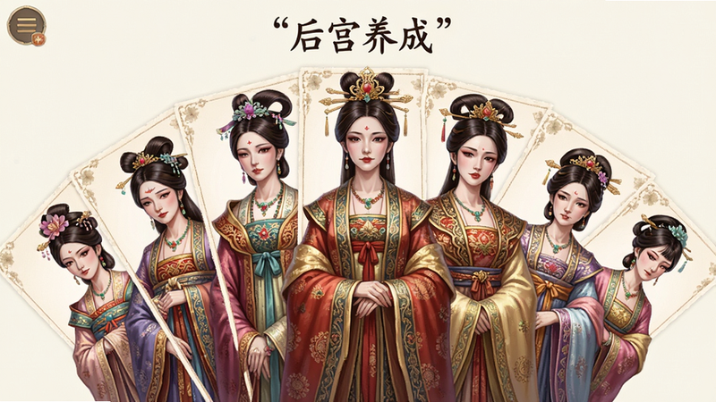 主体为游戏内的后宫养成界面,布局展示多位穿着华丽古装的妃嫔立绘,排版呈扇形分布,风格为精致的国风插画,细节描绘服饰纹理与表情,高清画质,干净背景,文字