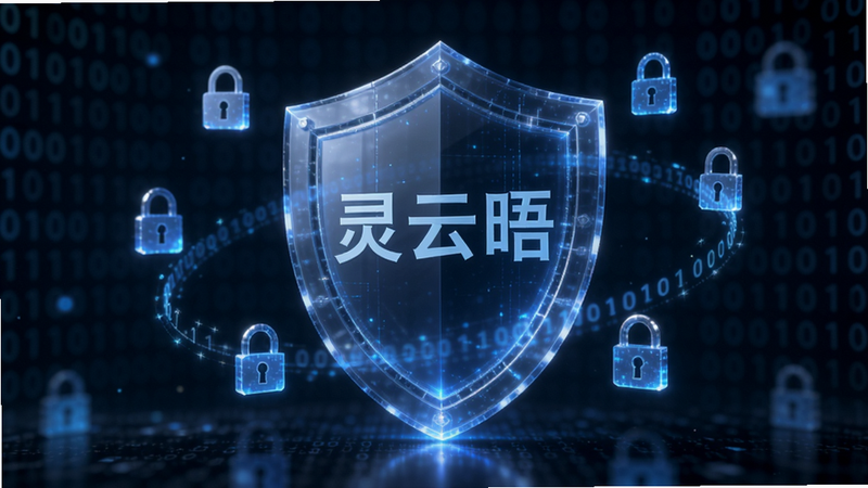 灵云晤 安全防护概念图,一个半透明的蓝色盾牌矗立在中央,盾牌上刻有“灵云晤”字样,周围有锁形图标环绕,背景是模糊的二进制代码流,深色调,强调安全与隐私,细节丰富,高质量渲染
