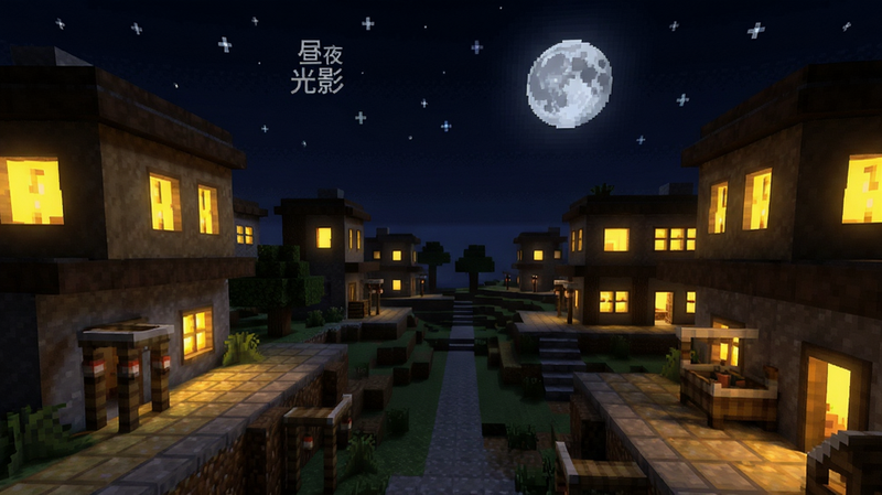 沙盒像素模拟器游戏中的夜晚场景,月亮高挂,星星闪烁,建筑物内部透出温暖的黄色灯光,阴影处理细腻,布局深远,排版具有层次感,风格为写实像素风,细节丰富,画质极佳,干净,无多余元素,文字