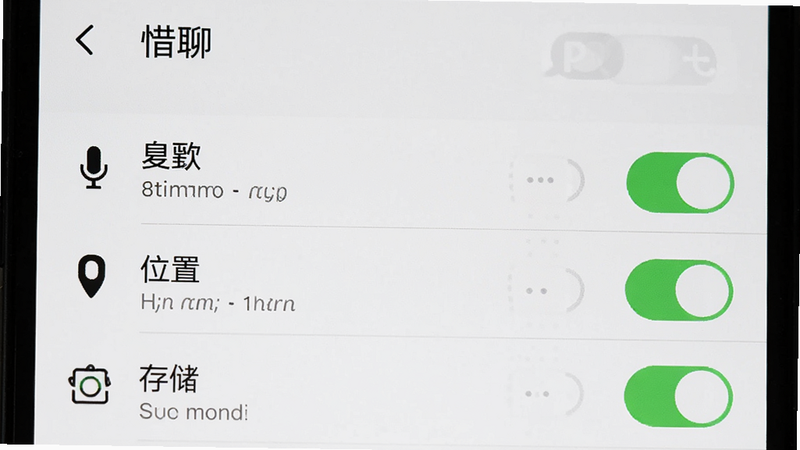 ����Ϊ�ֻ����ý��棬��ʾ��ϧ�ġ�APP��Ȩ�޹���ҳ�棬��˷硢λ�á��洢Ȩ�޿��ؾ�Ϊ����״̬�������б�ʽ���Ű����룬���ϵͳԭ��UI����ɫ���׵׺��֣�ϸ����ʾȨ��״̬ͼ�꣬���ʸ��壬�ɾ����޶���Ԫ��