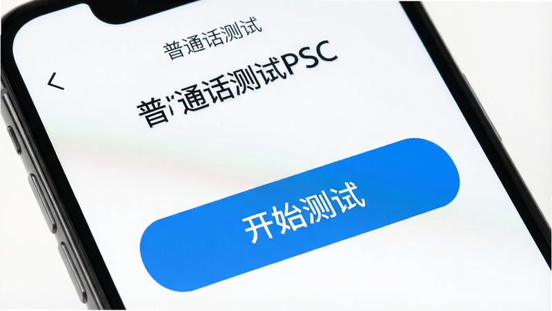 一张高清的手机屏幕界面图,主体是“普通话测试PSC”应用的主界面,布局清晰,顶部显示应用名称,中间是大大的开始测试按钮,背景为简洁的白色,风格扁平化,细节精致,画质高清,干净无多余元素