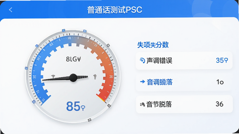 展示“普通话测试PSC”应用中的评分界面,主体是一个圆形的分数仪表盘,指针指向85分,旁边列出具体失分项,如“声调错误”、“音节脱落”,布局左右对称,配色为科技蓝与白色,风格现代简约,细节清晰,画质极高,无杂乱背景