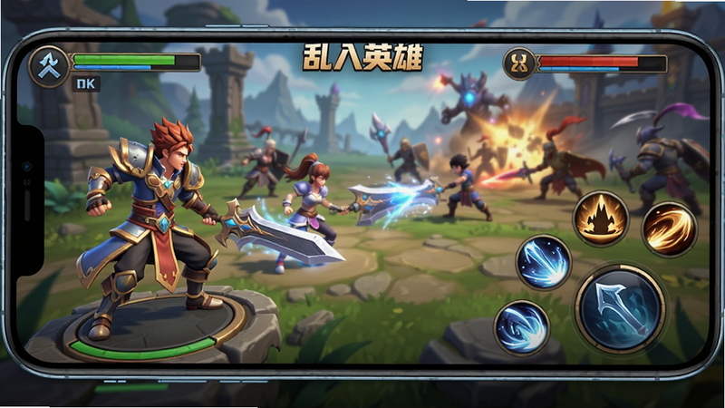 主体为一款名为“乱入英雄”的手机游戏界面全景图,布局采用典型的横屏战斗视角,左侧展示3D角色模型,右侧为技能图标与血条,背景是奇幻风格的战场,风格为高品质3D渲染,细节丰富,光影效果逼真,画质4K,干净无多余元素,文字包含“乱入英雄”字样,色彩鲜艳饱和度高