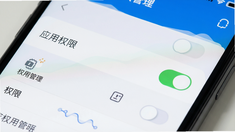 主体为手机设置界面特写,布局聚焦于“应用权限”选项,排版清晰,风格为现代扁平化UI设计,细节展示开关状态与图标,画质清晰,干净无其他干扰元素,文字包含“权限管理”字样