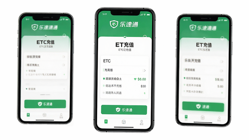 乐速通APP界面展示,主体为手机屏幕显示ETC充值页面,布局清晰整洁,排版采用扁平化设计风格,细节包含绿色主色调和清晰的按钮图标,画质高清,干净无多余元素,文字